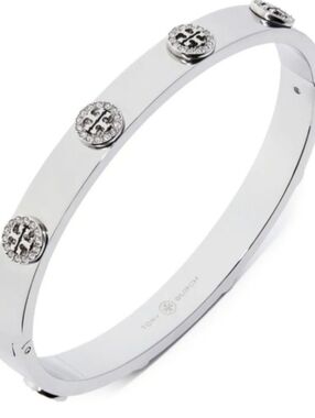 Tory Burch Silver Logo Crystal Accent Bangle